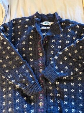 REI Navy Cardigan with White Dot Pattern and Pink Accents